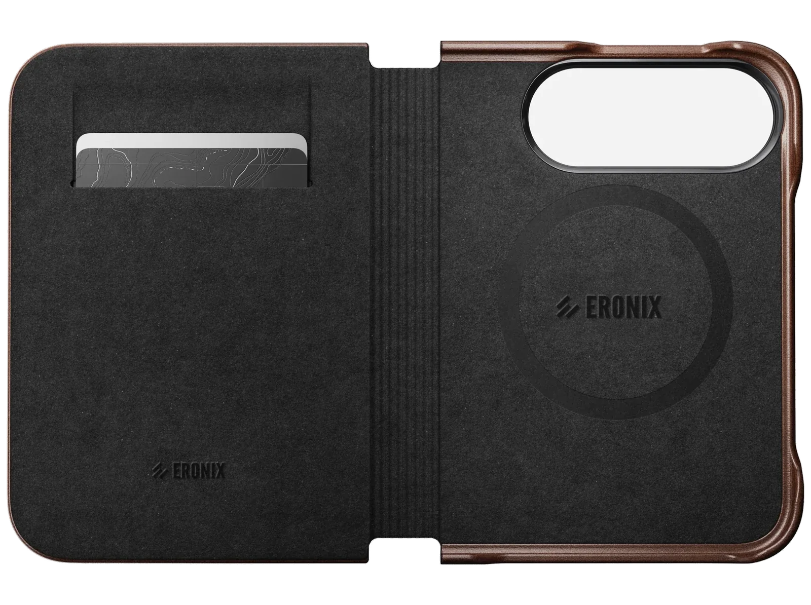 Leather Folio open flat: the microfibre-lined cover with two card slots on the left, iPhone Duo on the right